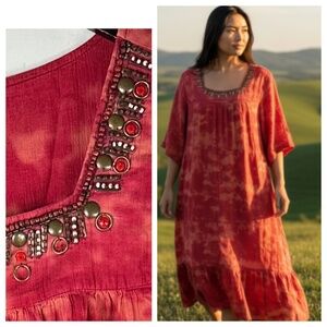 Go Softly Patio House Dress MuMu Kaftan 1X 16 18 Red Coral Beaded Ombre Tie Dye